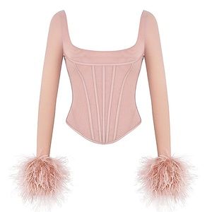 House Of CB Stella Mesh Marabou Feather Trim Long Sleeve Corset Size L+ XL